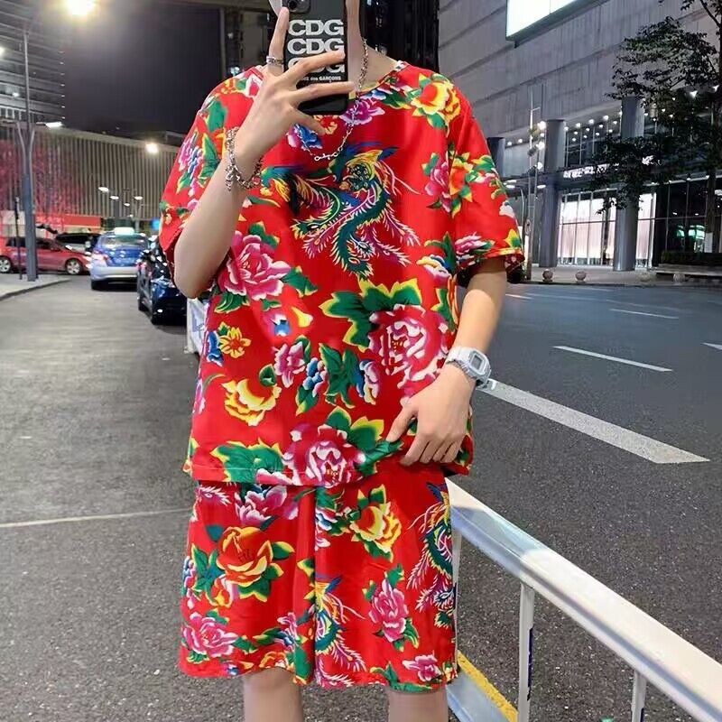 Chinese style Tang suit, Northeast floral print short-sleeved shorts set, men's summer trendy printed T-shirt two-piece set, plus size.