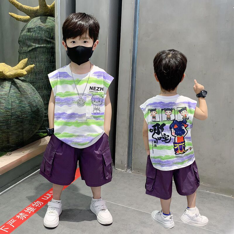 ネザ服男の子サマースーツ子供服新しい子供ベビー夏男の子ストライプノースリーブベスト 2 点セット|undefined