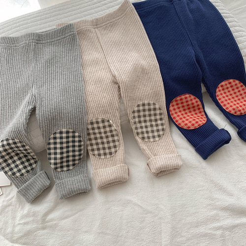  Spring and Autumn Korean Version Infants and Toddlers Ribbed Leggings with Pits and Checkered Cotton Baby Cute Pants