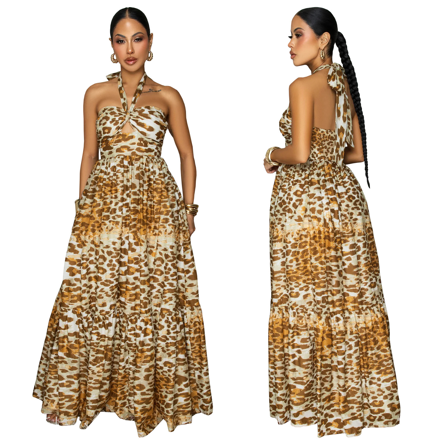 C7769 transfronterizo 2026 nueva ropa de mujer impresión de leopardo hueco cintura grande swing vestido de playa de vacaciones