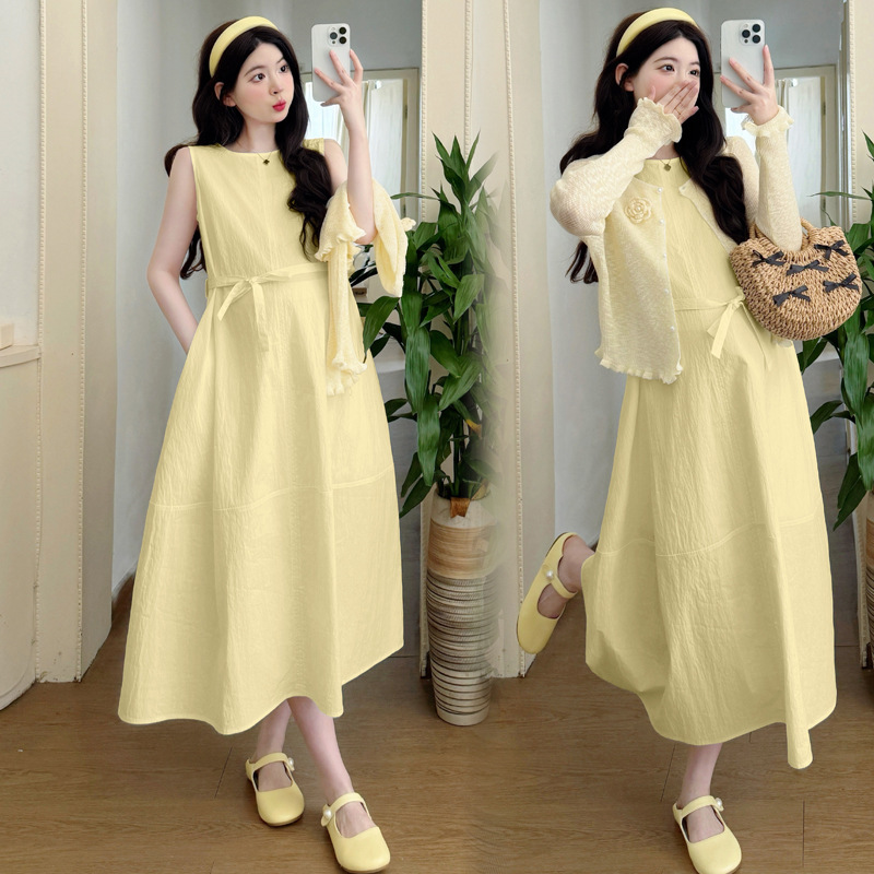 Real Shot of the New 2025 Summer Simple Korean Fashion Vest Dress Maternity Wear + Goose Yellow Knitted Cardigan