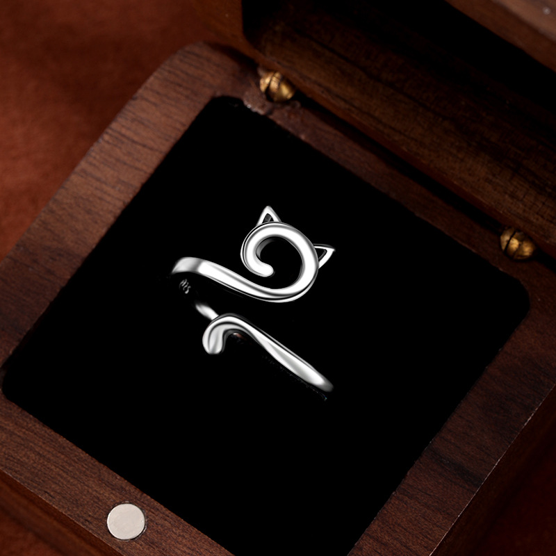 Nuevo gancho europeo y americano transfronterizo anillo de gato hueco geométrico plata de ley 925 apertura de anillo de gatito animal simple