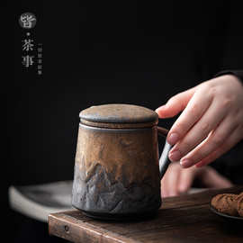 复古陶瓷马克杯套装带盖带过滤三件套办公泡茶喝水杯子批发印LOGO