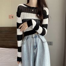 韩版潮流时髦镂空针织衫女长袖薄款复古毛衣打底衫百搭气质上衣