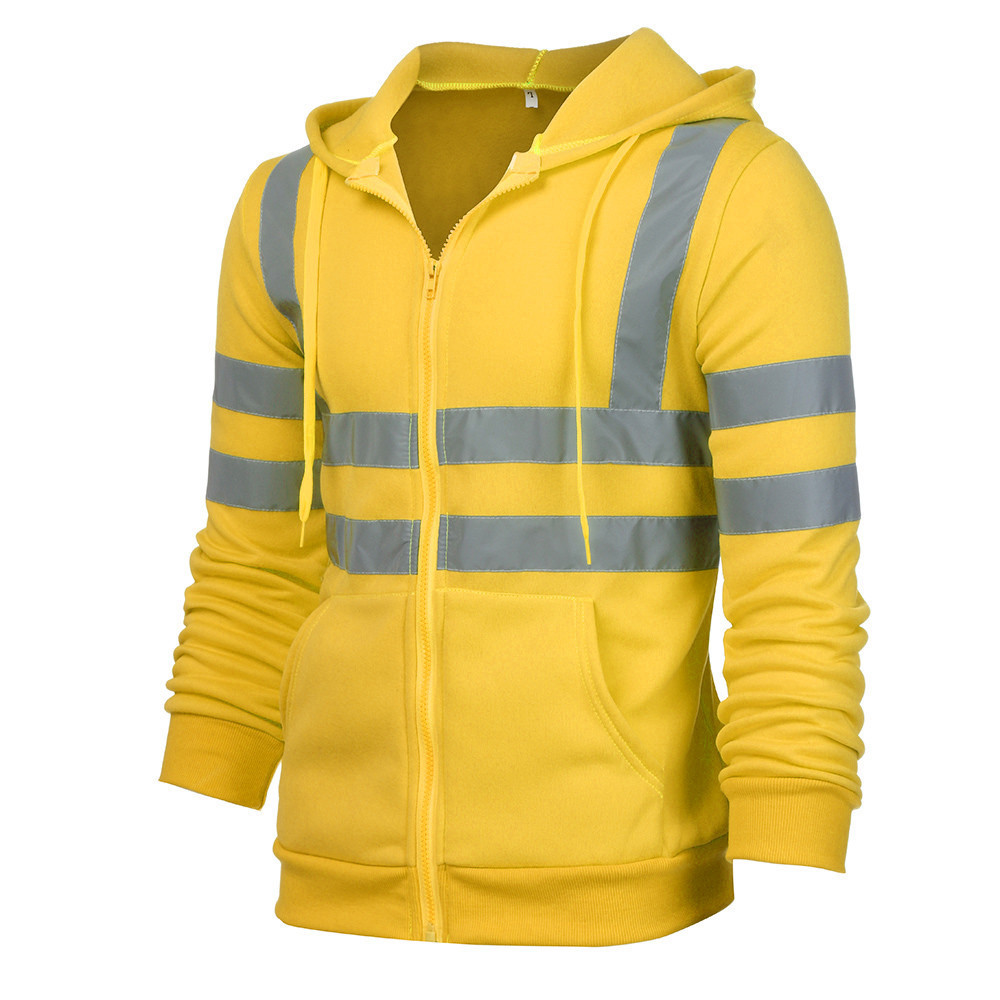 Men's Clothing reflective strip plus velvet sweatshirt outdoor sanitation work clothes zipper hooded color matching sweatshirt jacket_voghion.com