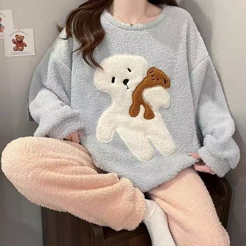 Transfronterizo al por mayor otoño invierno pijamas damas de coral terciopelo cálido de mangas largas de franela adorable conjunto de ropa de casa para chicas