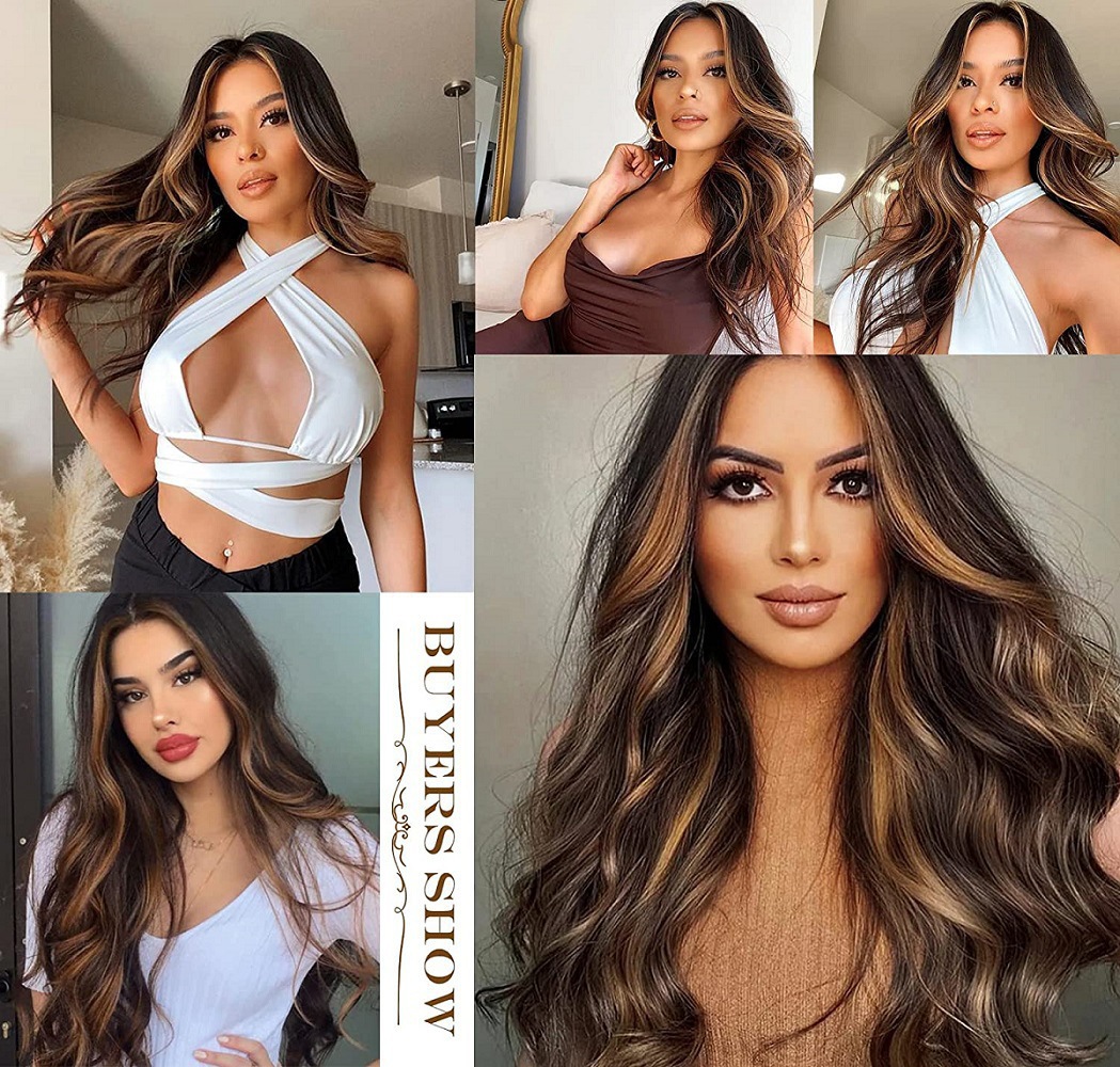 Synthetische Perücke für Damen, gewellt, lockig, punktgefärbt, schwarzbraun, langes Haar, Rose-Mesh, Hochtemperatur-Seide, chemische Faser, Kopfbedeckung_voghion.com