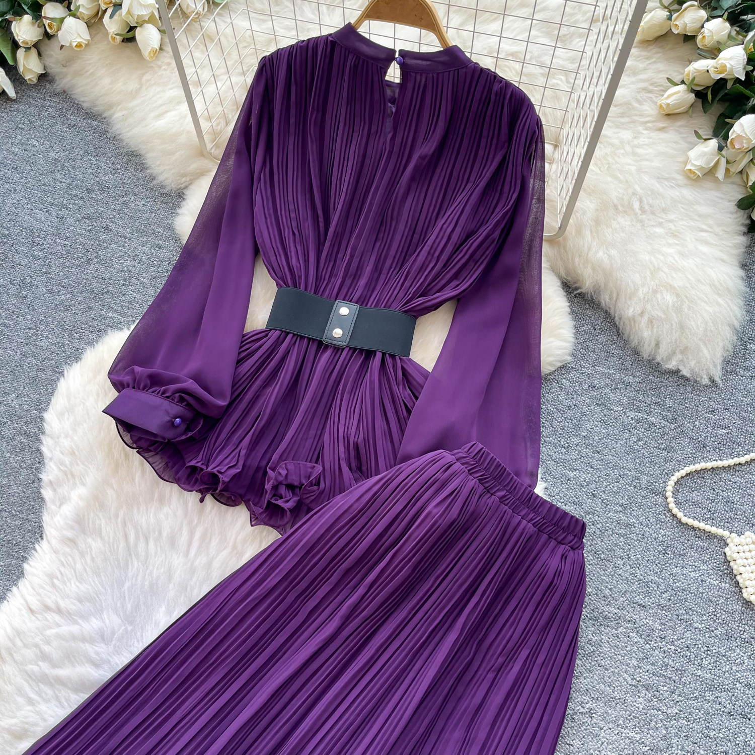 French Office Style Purple Lantern Sleeve Belted Ruffle Midi Dress For Women | Autumn Elegant Two-Piece Set_ecoleips.com