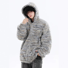 秋冬季国潮牌情侣开衫外套渐变条纹设计感毛衣男宽松开衫外针织衫