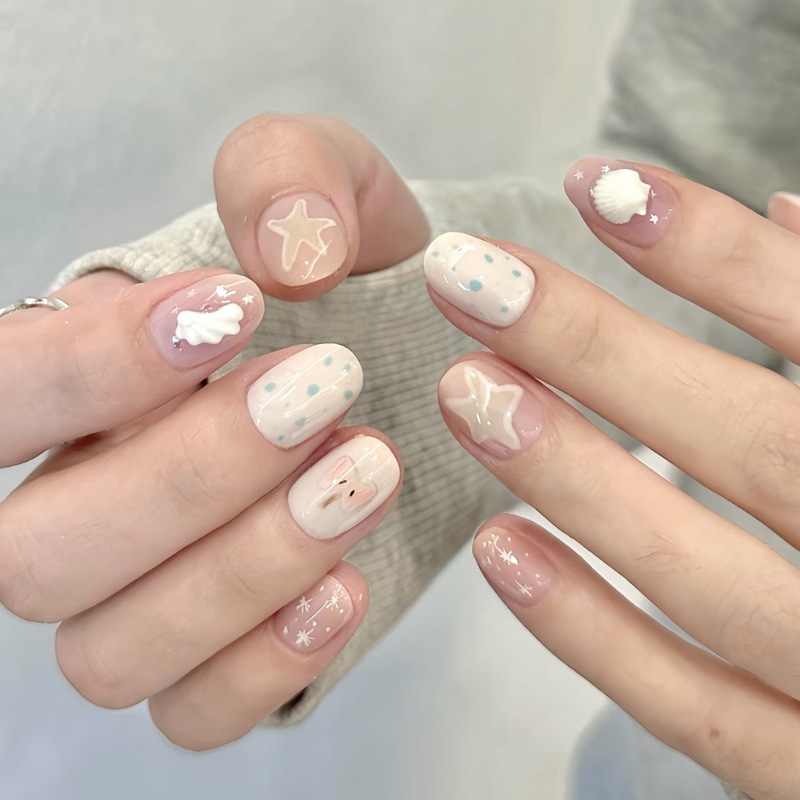 Xiaohongshu's Popular Cute Short Oval Polka Dot Wearable Nails in Beige and Green Apple Colors, Korean-Style Sweet Girl Nail Stickers Ins Xiaohongshu's Popular Cute Short Oval Polka Dot Wearable Nails in Beige and Green Apple Colors, Korean-Style Sweet Girl Nail Stickers Ins