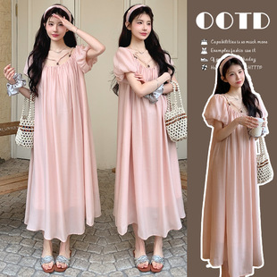 Maternity Wear 2025 Summer New Style French Sweet Large Version One-Shoulder Puff Sleeve Two-Wear Long Dress