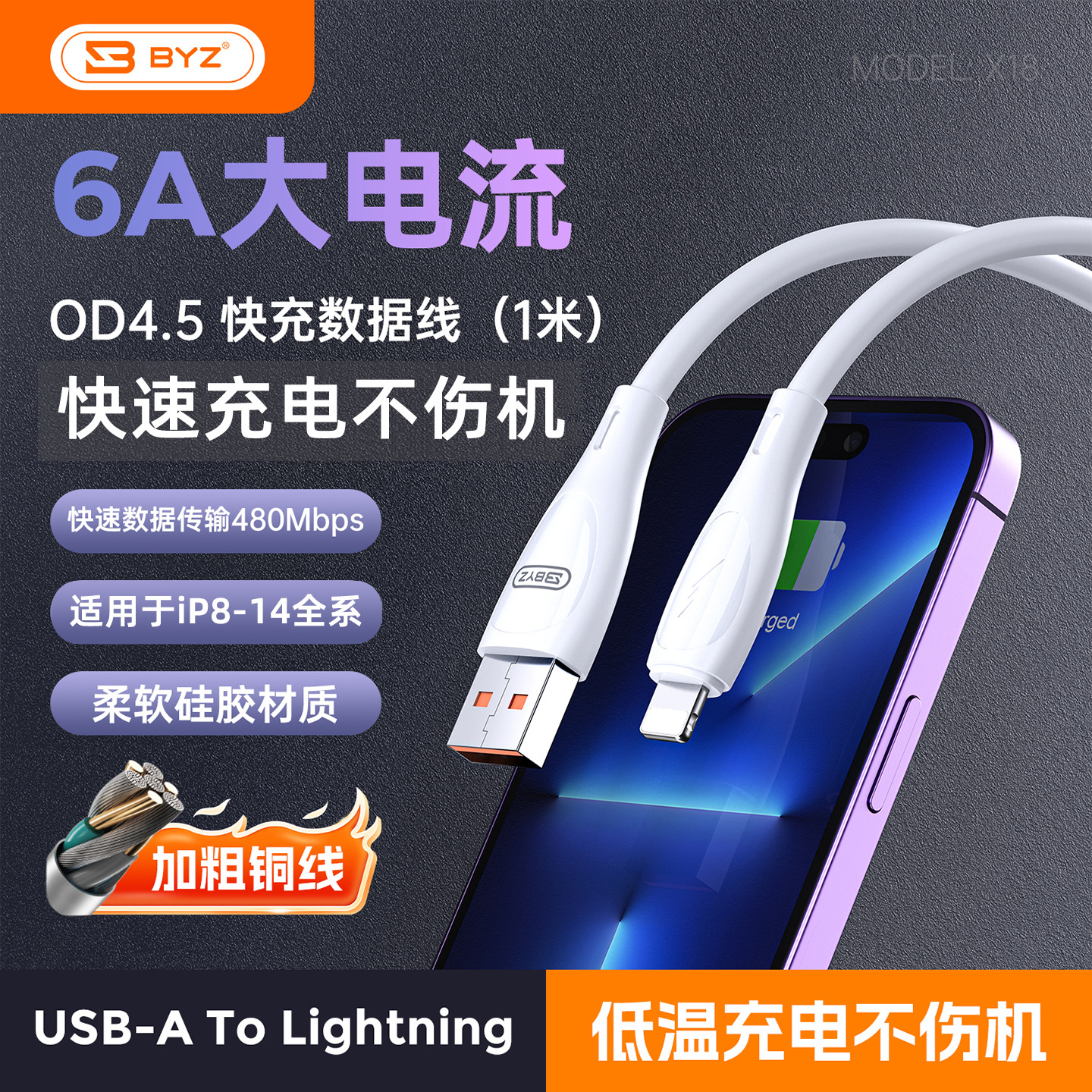 BYZ X18闪充数据线Type-C接口Lighting口输出快速充电稳定不伤机