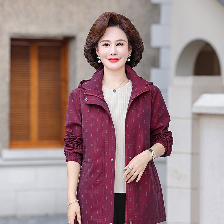 2025春秋新款大码妈妈装气质可拆连帽风衣夹克女中老年印花外套|undefined