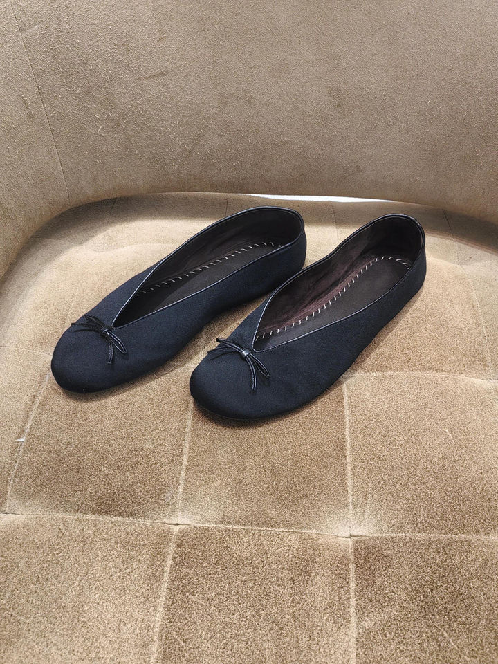 Giày búp bê nữ mũi tròn đính nơ, đế bệt cổ thấp, da bò, phong cách retro — màu đen chi tiết 6
