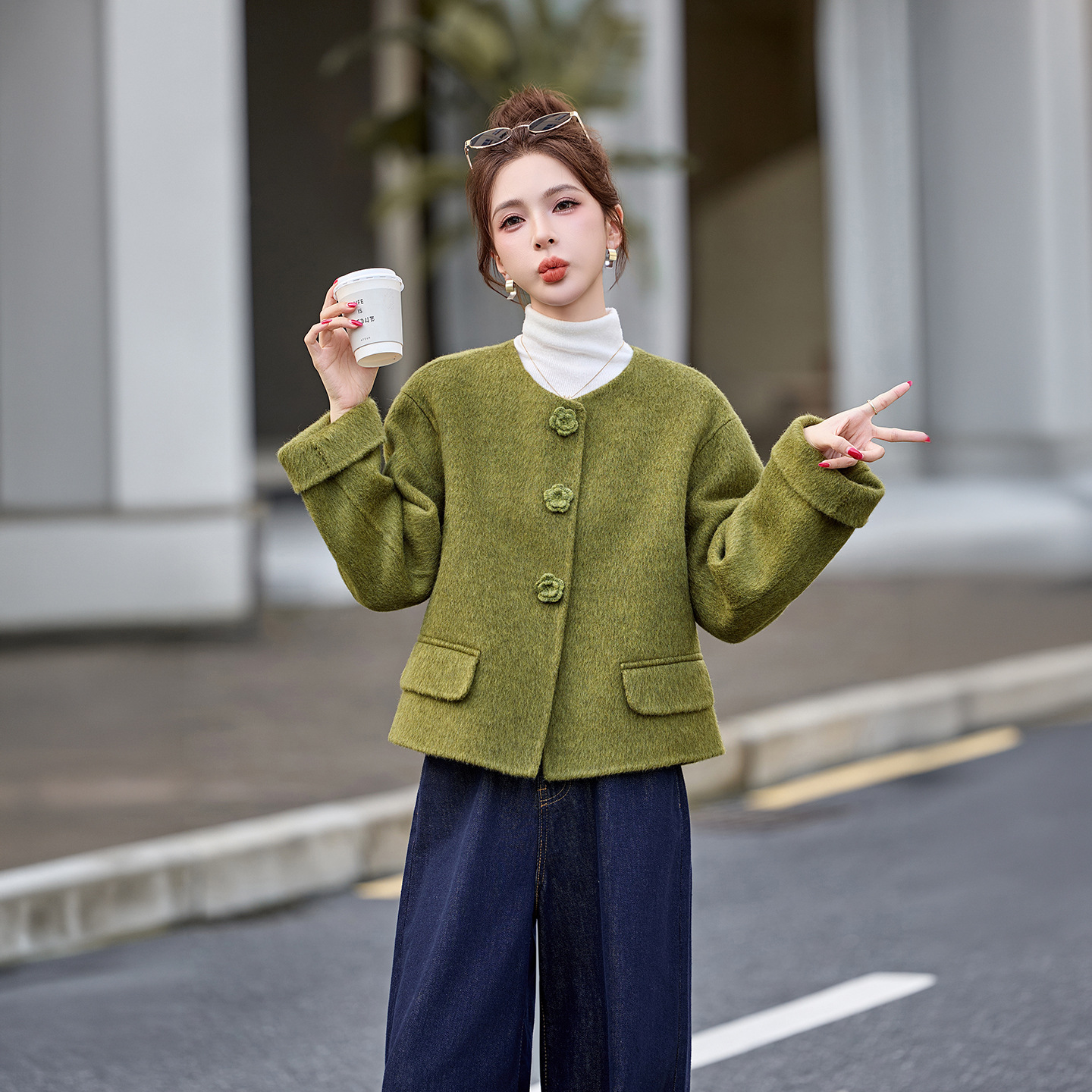 2026 Autumn New Women's Double-Sided Wool Coat, Loose Casual Style, Petite Size, Solid Color Wool Coat HE6711