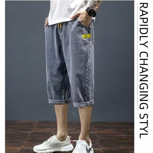 Pantalones cortos de mezclilla finos de verano, pantalones cortos para hombres, pantalones elásticos rectos sueltos para hombres, pantalones casuales de moda Harlan