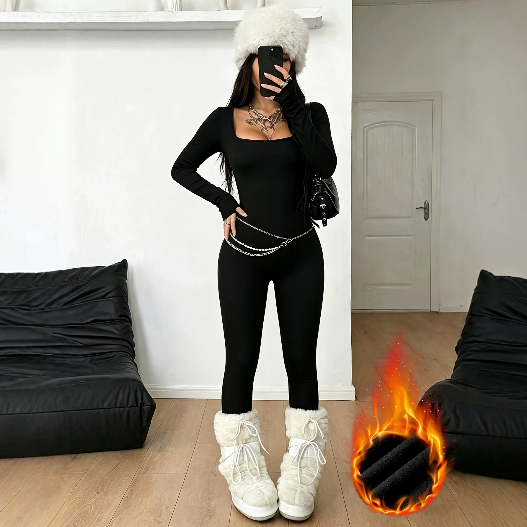跨境女装修身针织连体衣裤纯欲风秋冬修身加绒保暖长袖打底衫现货