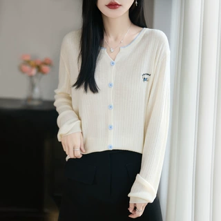 法式撞色彩扣针织开衫女圆领长袖毛衣外套减龄精纺薄款外搭上衣潮