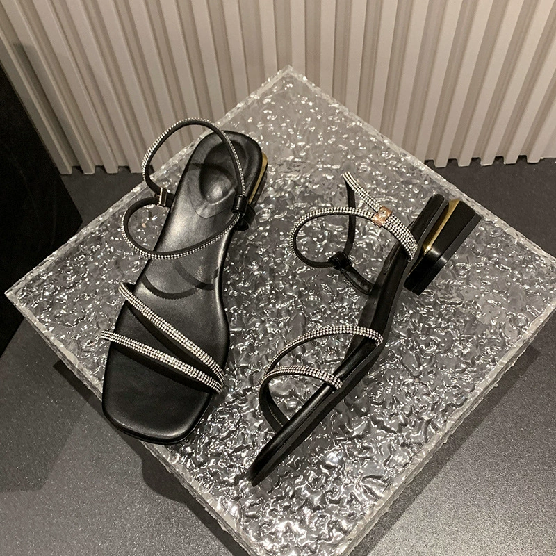 Стразы тонкая лента с двумя феей стиль прекрасная юбка сандалии женский 2025 новый летний толстый каблук на каблуках