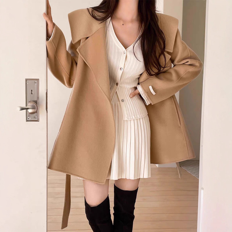 Korean Chic Winter French-Style High-End Navy Collar Loose Casual Mid-Length Long-Sleeve Woolen Coat for Women