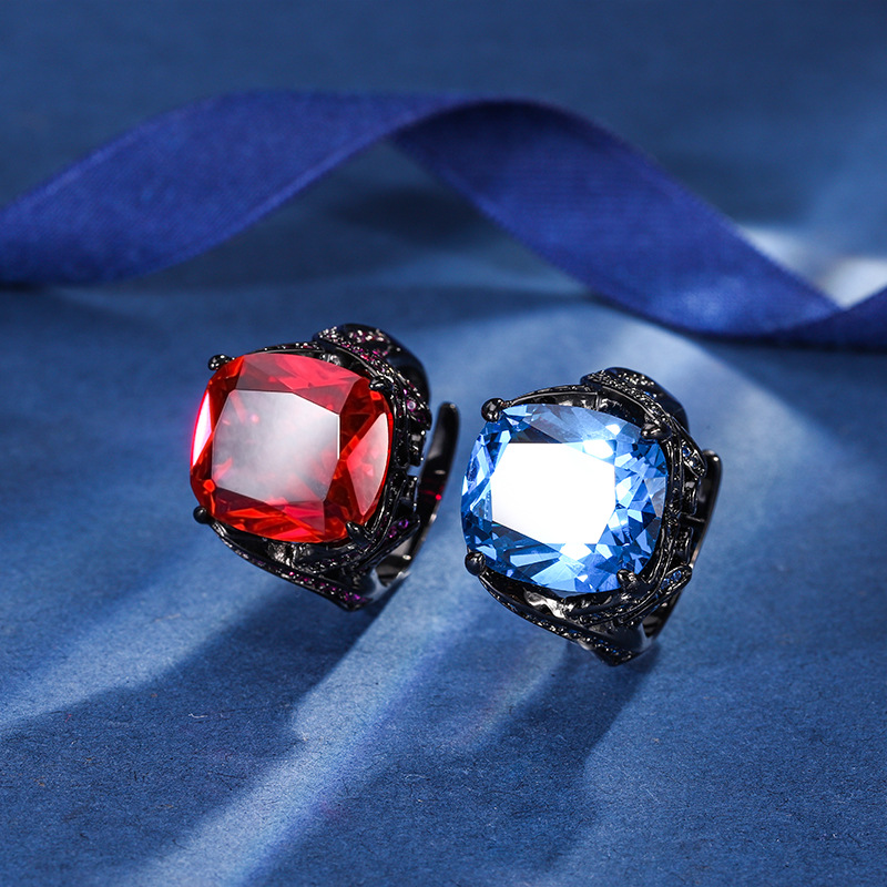 2024 Nueva Zhuang Sheng joyería de cobre inferior chapado en oro de simulación de grasa corindón rectangular de Oro Negro anillo de la personalidad femenina 14*16