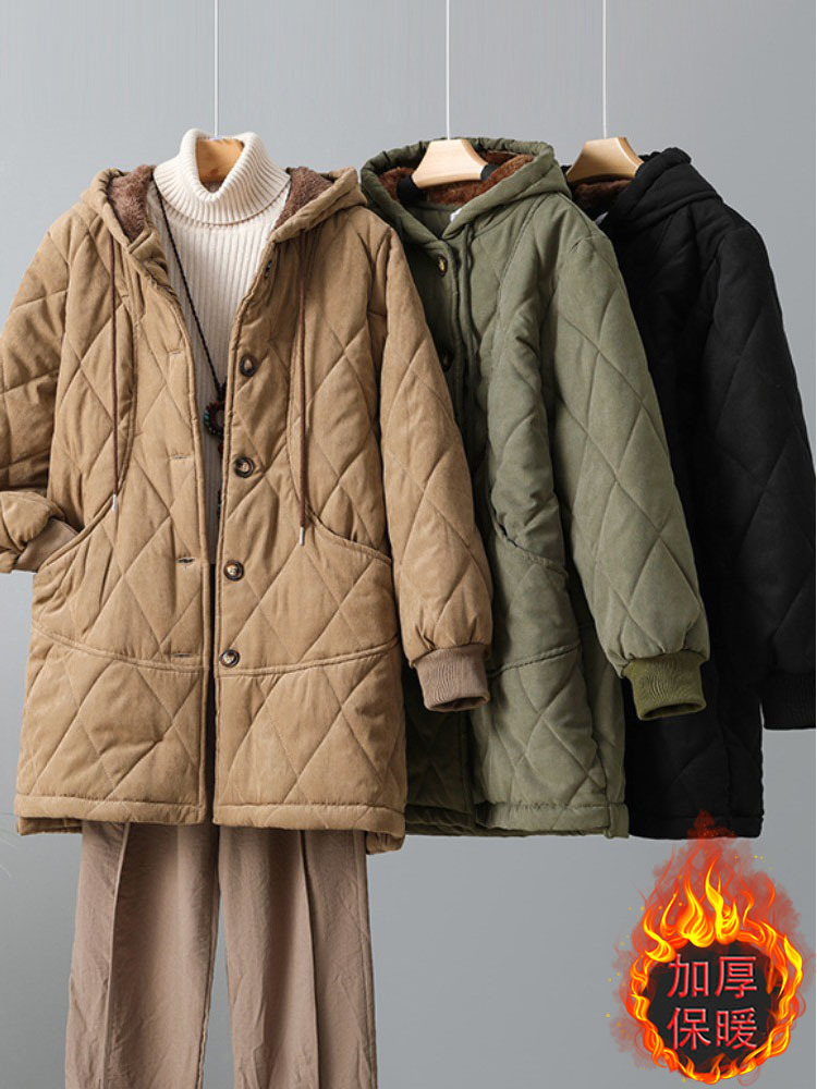 专柜尾货清仓冬季加绒加厚大码夹棉外套女时尚连帽百搭中长款棉衣