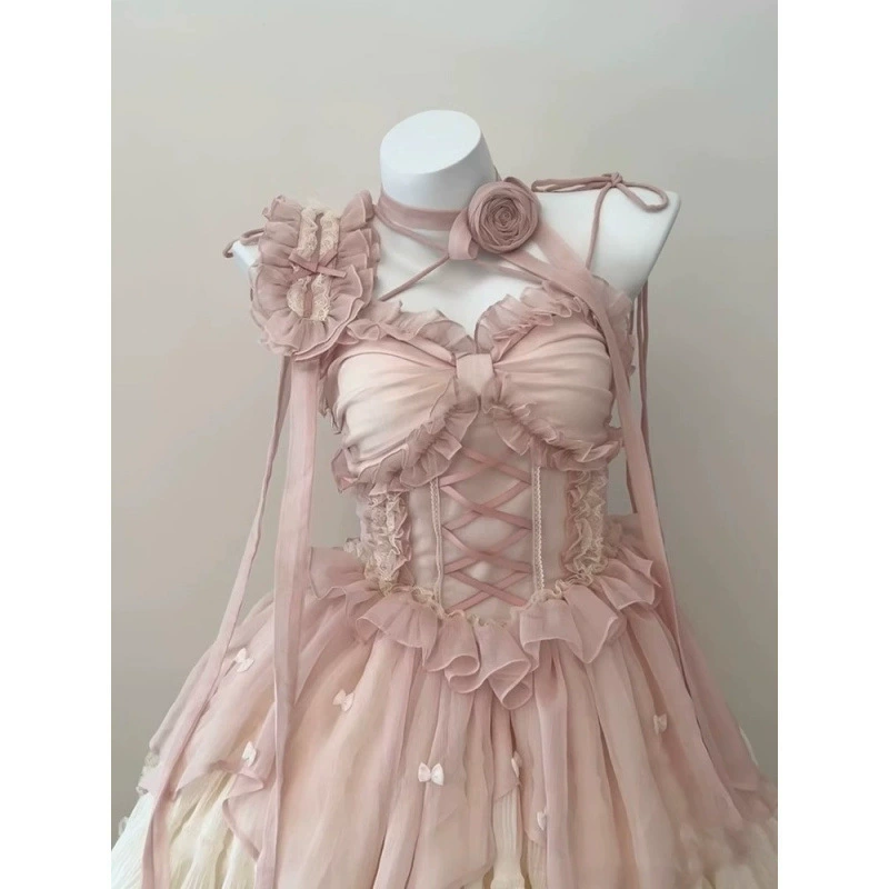 Розовое нежное балетное платье в стиле Лолиты, платье JSK, свадебное платье с цветочным принтом в стиле Лолиты, пушистое платье принцессы, фея