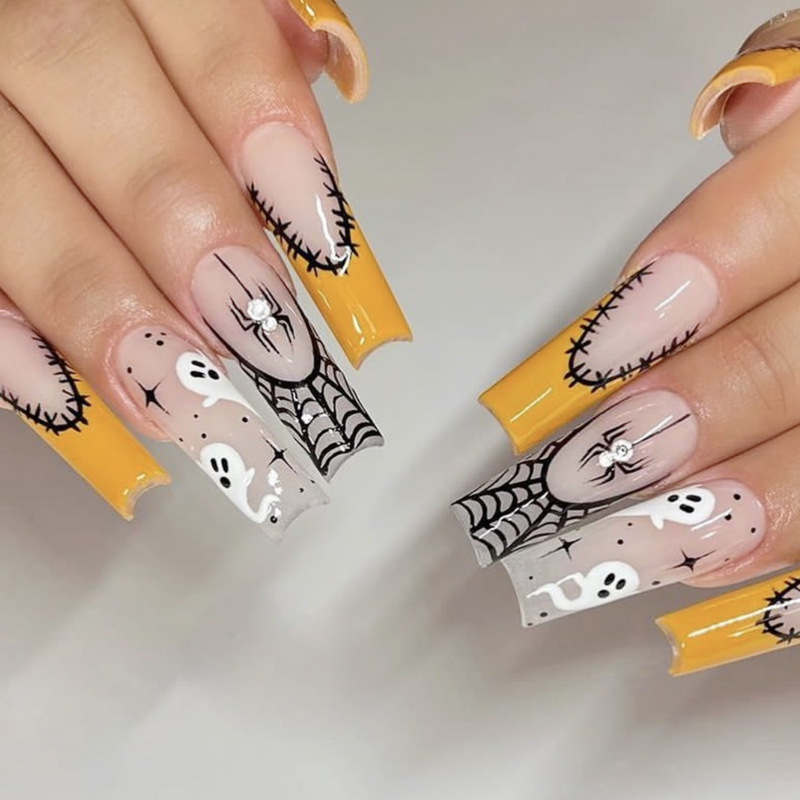 Halloween Armor Long Pipe Orange French Edge Black Spider Web White Ghost Press Fake Nails Halloween Armor Long Pipe Orange French Edge Black Spider Web White Ghost Press Fake Nails