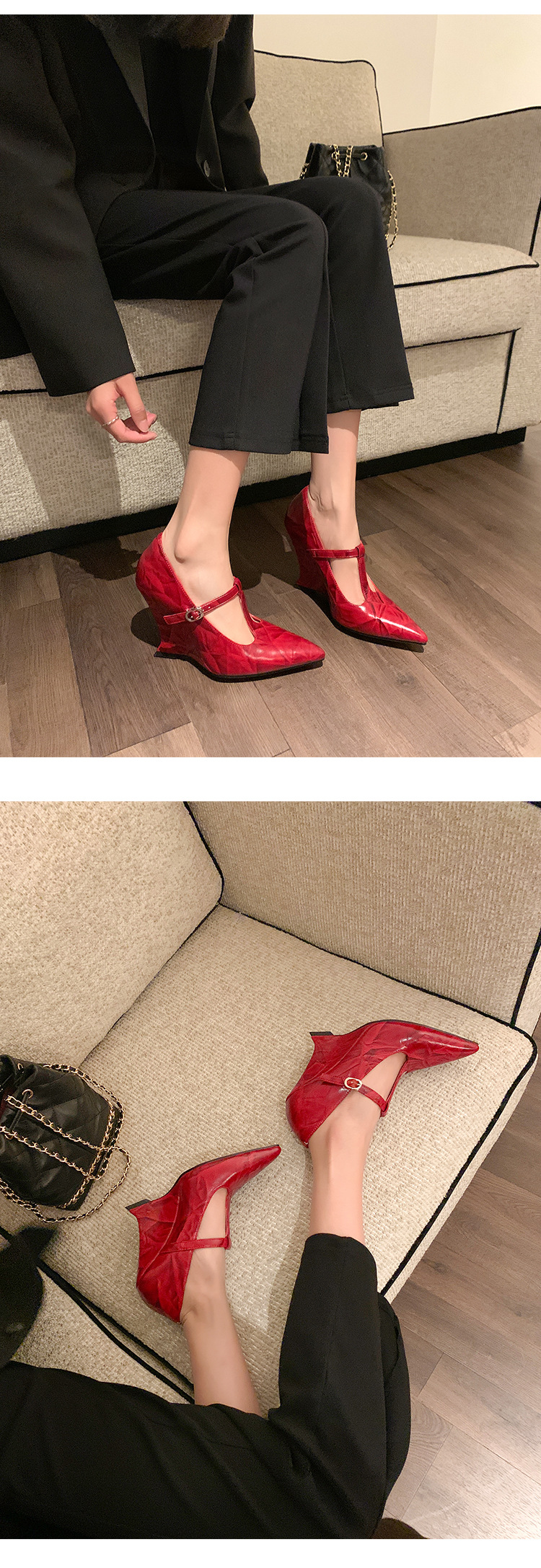 Giày Mary Jane nữ mũi nhọn quai chữ T đế xuồng cao gót phong cách cổ điển — màu đen, màu mơ, màu đỏ chi tiết 20