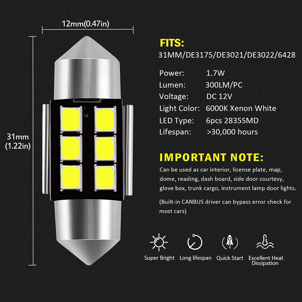 Decodificación de lámpara de lectura de automóviles LED de doble punta 2835 6smd luz luminosa del compartimento de luz del maletero 31MM