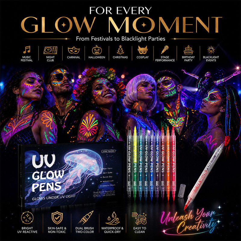 Cross-Border Hot-Selling Dual-Head Dual-Color Uv Face and Body Painting Pen Party Glow-In-The-Dark Colorful Makeup Pen DIY Marker Pen