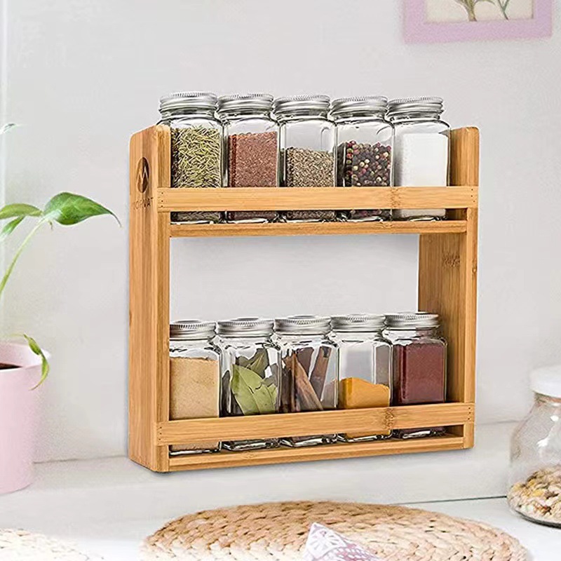 Wooden storage rack Desktop Double-layer seasoning storage rack Kitchen seasoning bottle sorting rack Wooden beverage can storage rack