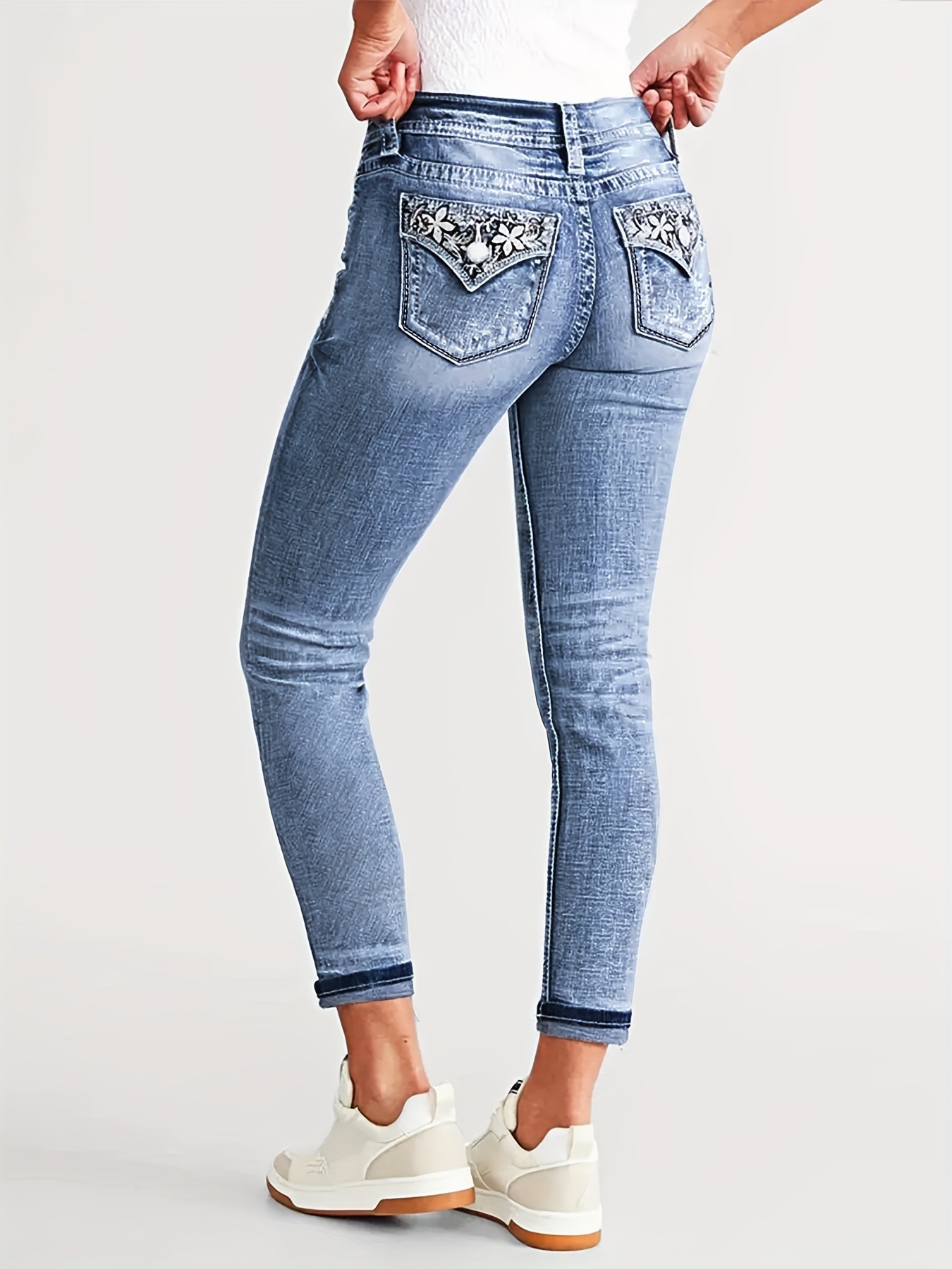 Jeans Bordados Ajustados para Mujer de Mezclilla de Algodón, Elástico