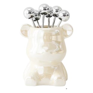 Ceramic Light Luxury Fruit Fork Stainless Steel Fruit Fork Storage Tableware Cute Fruit Fork Ceramic Bear Jar