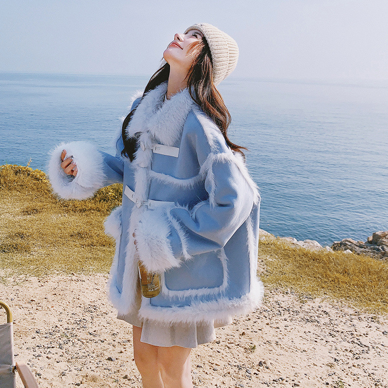 블루 모피 원 LAMBSWOOL COAT 여성의 한국 새 겨울 두꺼운 따뜻한 스웨이드 면화 코트