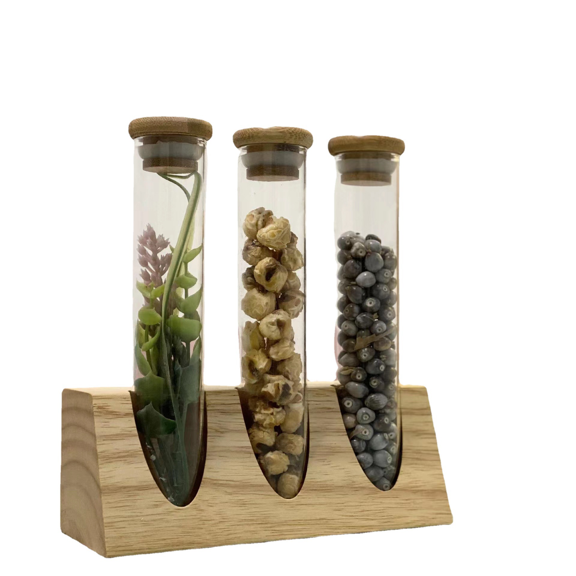 Tubo de ensayo de vidrio de borosilicato estante de exhibición de madera maciza muestra té granos de café cocina clasificación de almacenamiento tanque de almacenamiento