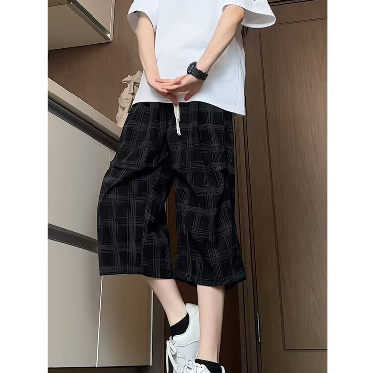 New Chinese-Style Plaid Cropped Pants for Men, Summer Design, Pleated Wide-Leg Pants, Loose, Quick-Drying Sports Shorts, Trendy