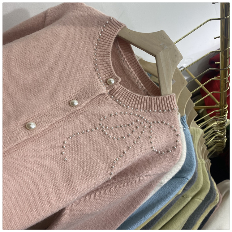 Women's Clothing Chic Embellished Bow Knit Cardigan For Women - Autumn Casual Long Sleeve Open Front Sweater (Blue, Yellow, Gray, Beige, Pink)​_voghion.com