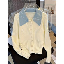 D 15107 Polo Collar Color-Block Knit Cardigan Polo ��ײɫ��