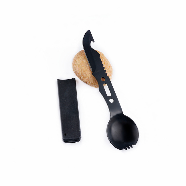 Campamento al aire libre supervivencia multifuncional herramienta de rocío silbato cuchillo de picnic suministros vajilla cuchillo, tenedor y cuchara a juego conveniente llevar