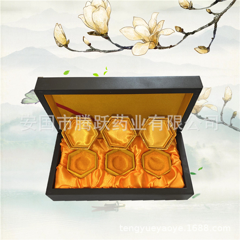 Hexagonal Brocade Gift Box Red Yellow Satin Lined Acrylic Empty Display Case for Herbal Honey Pills specifications