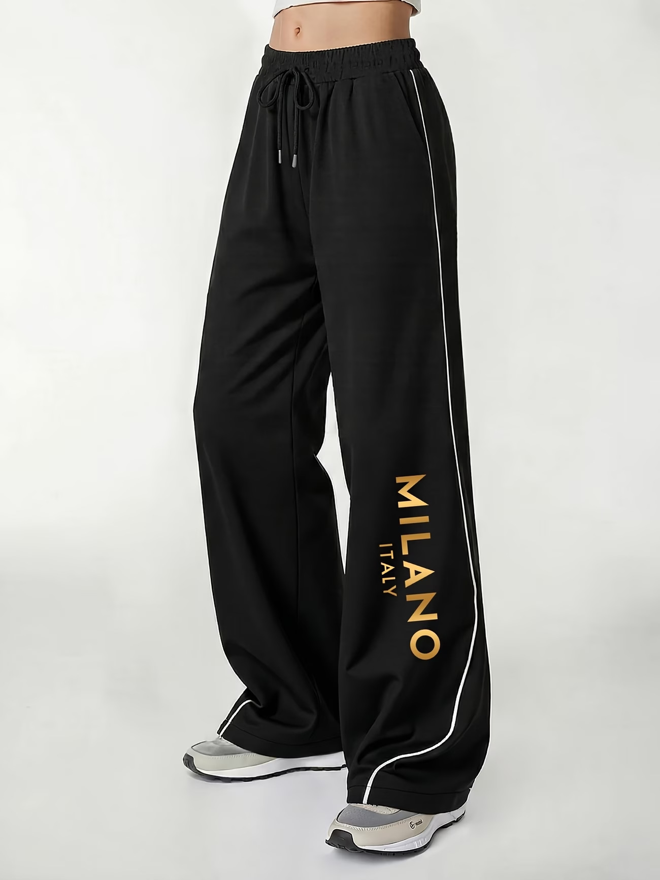 Gold Milan Print Loose-fitting Spring And Autumn Women's Casual Elastic Waist W'w Wide-leg Pants_ecoleips.com