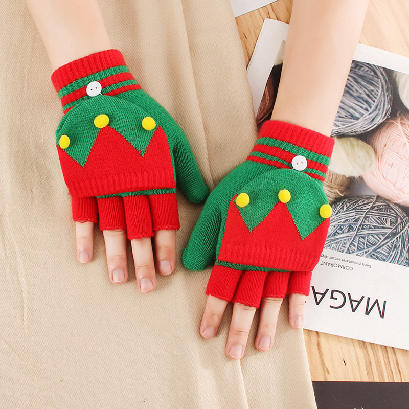 Christmas half finger clamshell Winter warm student handwriting men and women's thick warm cycling knitted gloves_maomaolike.com