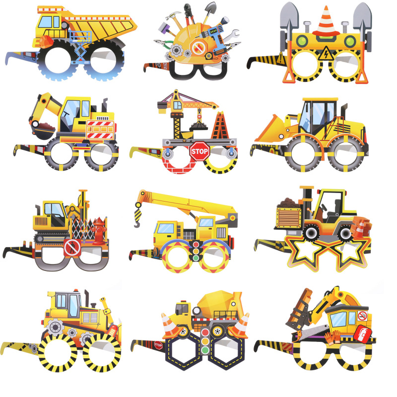 Cross-Border Party Glasses Excavator Theme Decoration Supplies Construction Vehicle Orange-Yellow Bulldozer Glasses Frame Paper Material