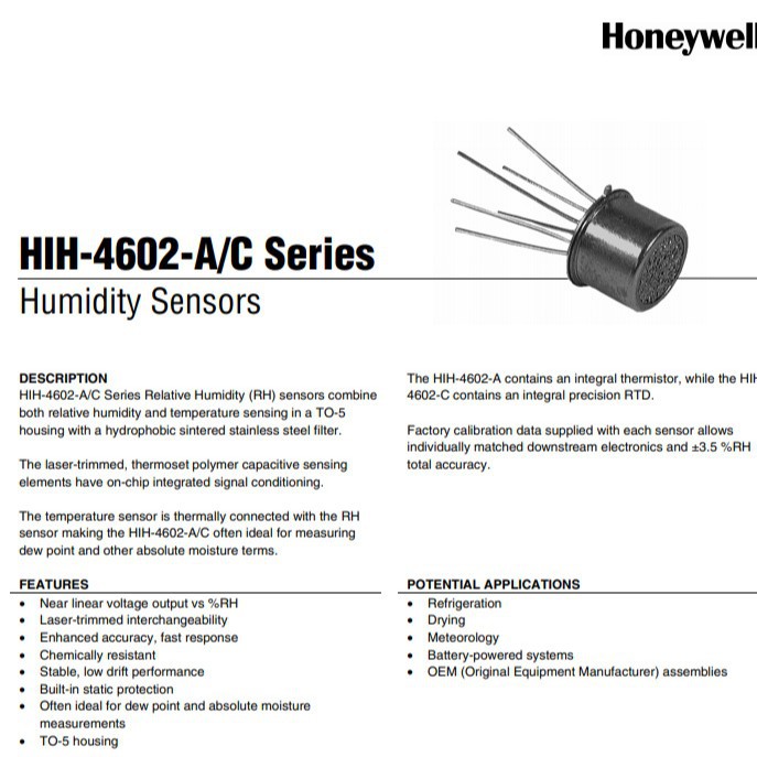 HIH-4602-A 霍尼韦尔Honeywell授权代理温度传感器技术支持