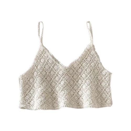 Small fresh Korean style loose knitted ins trendy versatile literary retro outer wear hollow crochet top camisole