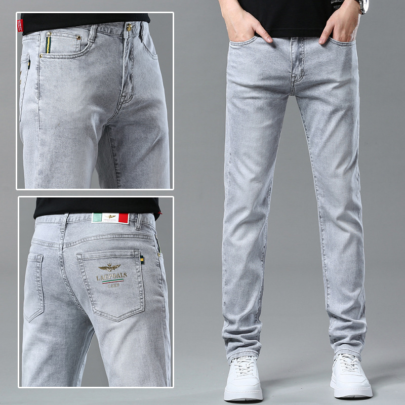 Men's Embroidered Jeans Slim Fit Stretch Denim Trousers, Smoke Grey Vintage Straight Leg Pants For Spring_viptrois.com