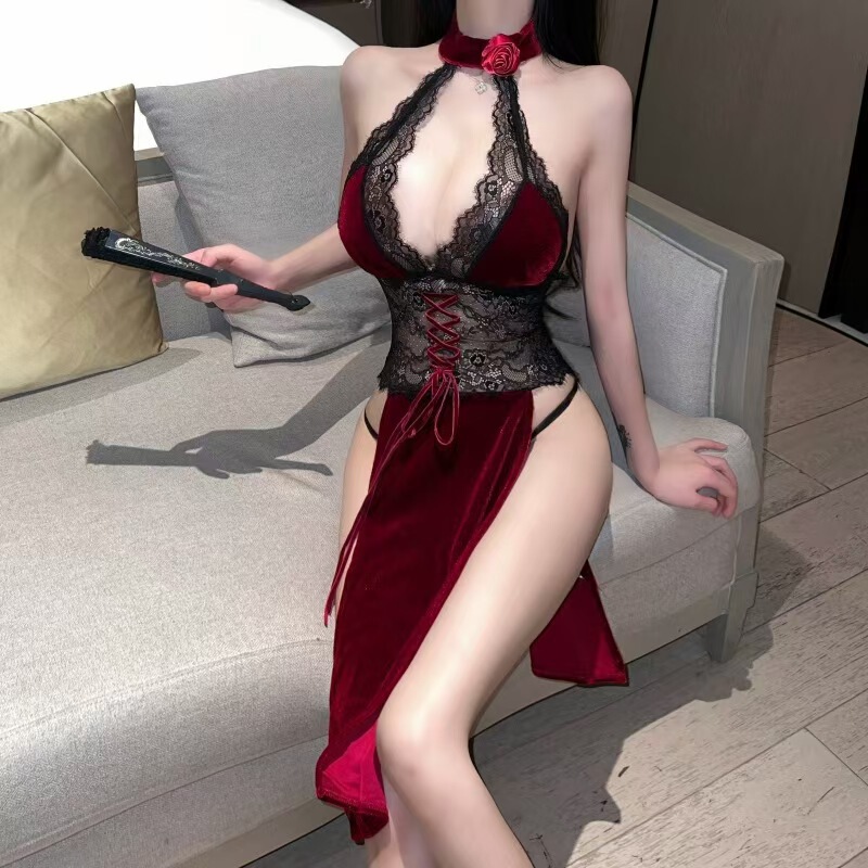 Plus Size Sexy Lingerie Sexy Women's Pajamas Cut Out Backless Lace Cheongsam Easy to Take Off Private Nightdress Meet Boyfriend