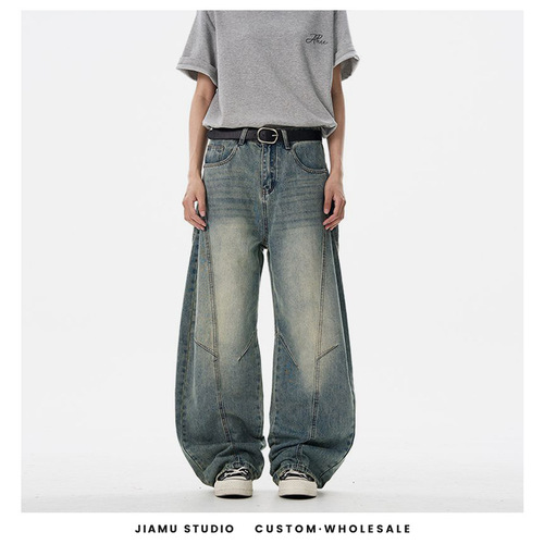 JIAMU Cat Whisker Scythe Pants Baggy Jeans American Street Fashion Unisex Wide Leg Bow Knife Denim Jeans for Men and Women
