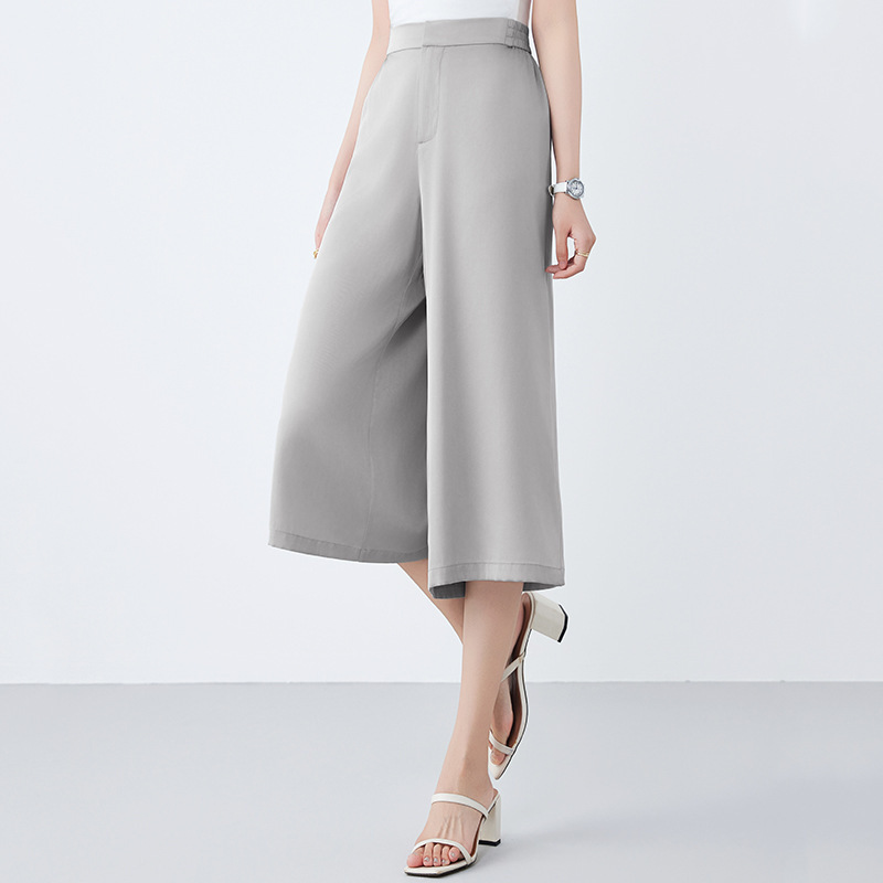 2026 Summer New Satin Silk Women's Pants High-Waisted Loose Wide-Leg Pants Solid Color Mulberry Silk Casual Cropped Pants
